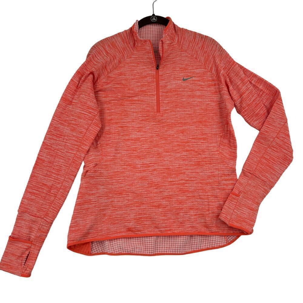 Nike Quarter Zip Athletic Top Size L Orange Dri-Fit Fleece Lined Thumbholes